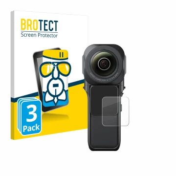 Front side of a product packaging with the brand logo BROTECT. Next to it is the device Insta360 One RS 1-Zoll 360 shown with 