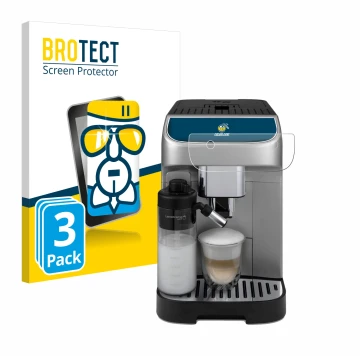Front side of a product packaging with the brand logo BROTECT. Next to it is the device DeLonghi Magnifica Plus shown with the