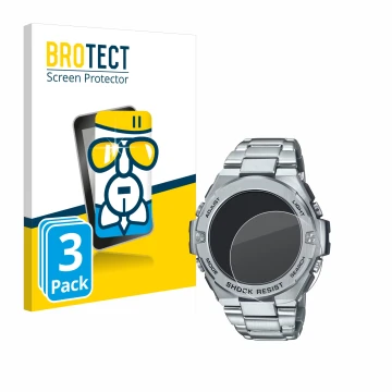 Front side of a product packaging with the brand logo BROTECT. Next to it is the device Casio G-Shock GST-B500D-1A shown with 