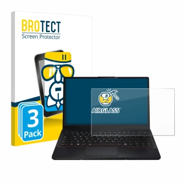 Front side of a product packaging with the brand logo BROTECT. Next to it is the device Fujitsu Lifebook E5412 shown with the 