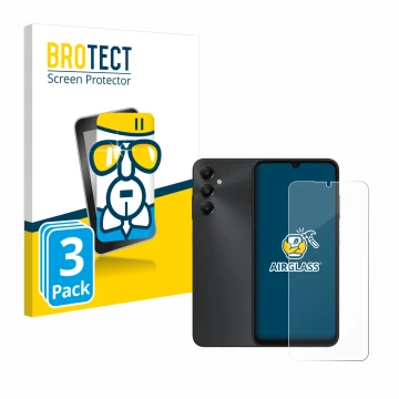 Front side of a product packaging with the brand logo BROTECT. Next to it is the device Samsung Galaxy A05s shown with the cor