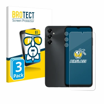 Front side of a product packaging with the brand logo BROTECT. Next to it is the device Samsung Galaxy A05s (Front+Camera) sho