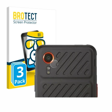 Front side of a product packaging with the brand logo BROTECT. Next to it is the device Samsung Galaxy XCover 7 (ONLY Camera L