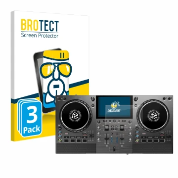 Front side of a product packaging with the brand logo BROTECT. Next to it is the device Numark Mixstream Pro Go shown with the