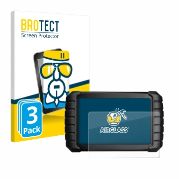 Front side of a product packaging with the brand logo BROTECT. Next to it is the device iCarsoft CR Max BT (2024) shown with t