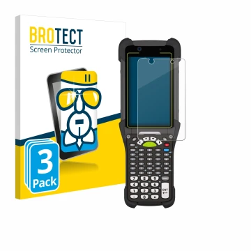 Front side of a product packaging with the brand logo BROTECT. Next to it is the device Zebra MC9400 shown with the correspond