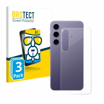 Front side of a product packaging with the brand logo BROTECT. Next to it is the device Samsung Galaxy S24 (Back) shown with t