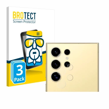 Front side of a product packaging with the brand logo BROTECT. Next to it is the device Samsung Galaxy S24 Ultra (ONLY Camera 