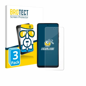 Front side of a product packaging with the brand logo BROTECT. Next to it is the device Motorola Moto G24 shown with the corre