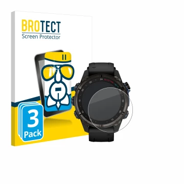 Front side of a product packaging with the brand logo BROTECT. Next to it is the device Garmin Descent Mk3i (43 mm) shown with