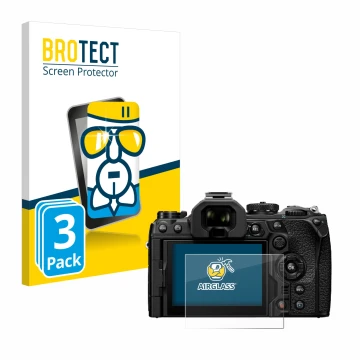 Front side of a product packaging with the brand logo BROTECT. Next to it is the device Olympus OM System OM-1 Mark II shown w