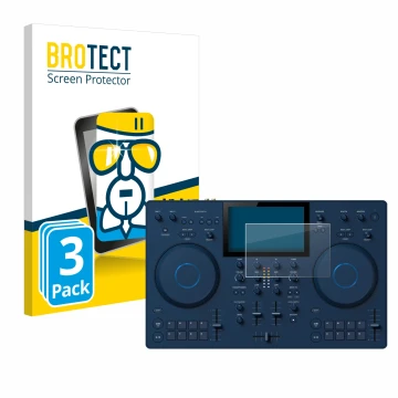 Front side of a product packaging with the brand logo BROTECT. Next to it is the device AlphaTheta OMNIS-Duo shown with the co