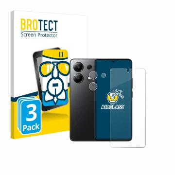 Front side of a product packaging with the brand logo BROTECT. Next to it is the device Xiaomi Redmi Note 13 (Front+Camera) sh