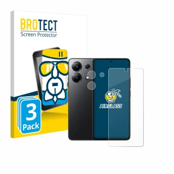 Front side of a product packaging with the brand logo BROTECT. Next to it is the device Xiaomi Redmi Note 13 5G (Front+Camera)