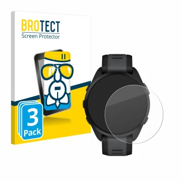Front side of a product packaging with the brand logo BROTECT. Next to it is the device Garmin Forerunner 165 shown with the c
