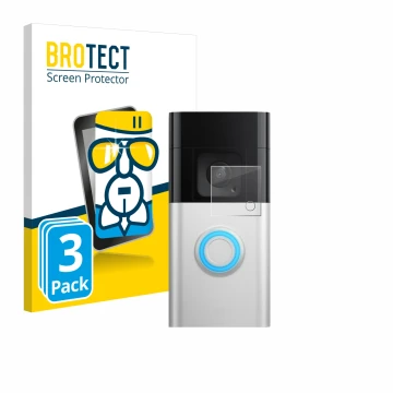 Front side of a product packaging with the brand logo BROTECT. Next to it is the device Ring Video Doorbell Plus shown with th
