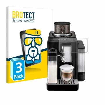 Front side of a product packaging with the brand logo BROTECT. Next to it is the device DeLonghi Rivelia shown with the corres