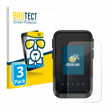 Front side of a product packaging with the brand logo BROTECT. Next to it is the device Garmin eTrex Solar shown with the corr
