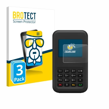 Front side of a product packaging with the brand logo BROTECT. Next to it is the device Shopify WisePad 3 shown with the corre