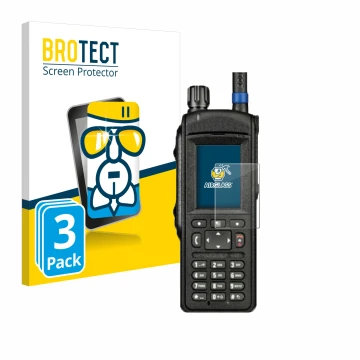 Front side of a product packaging with the brand logo BROTECT. Next to it is the device Motorola MTP6650 shown with the corres