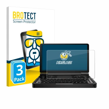 Front side of a product packaging with the brand logo BROTECT. Next to it is the device GPD Win Mini (2024) shown with the cor