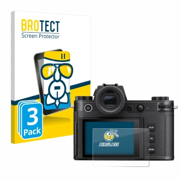 Front side of a product packaging with the brand logo BROTECT. Next to it is the device Leica SL3 shown with the corresponding