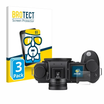 Front side of a product packaging with the brand logo BROTECT. Next to it is the device Leica SL3 (top plate display) shown wi