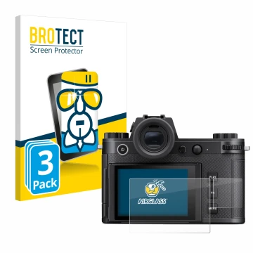 Front side of a product packaging with the brand logo BROTECT. Next to it is the device Leica SL3 (Display + top plate display