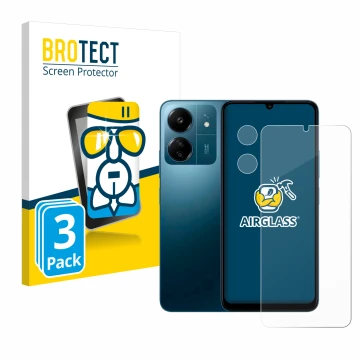 Front side of a product packaging with the brand logo BROTECT. Next to it is the device Xiaomi Redmi 13C (Front+Camera) shown 