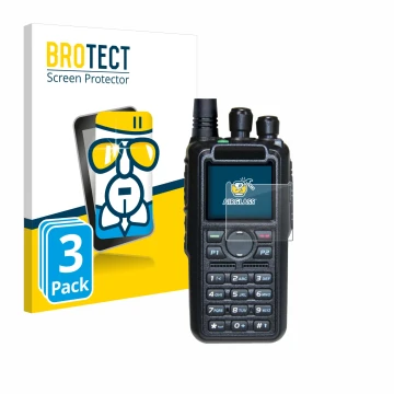 Front side of a product packaging with the brand logo BROTECT. Next to it is the device AnyTone AT-D878UV II Plus shown with t