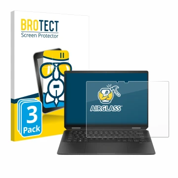 Front side of a product packaging with the brand logo BROTECT. Next to it is the device HP Spectre x360 (14-e) 2024 shown with