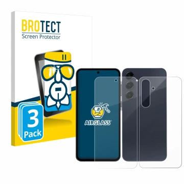 Front side of a product packaging with the brand logo BROTECT. Next to it is the device Samsung Galaxy A55 5G (Front+Back) sho