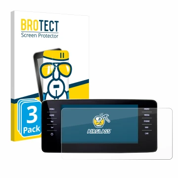 Front side of a product packaging with the brand logo BROTECT. Next to it is the device Skoda Kamiq 2021 shown with the corres