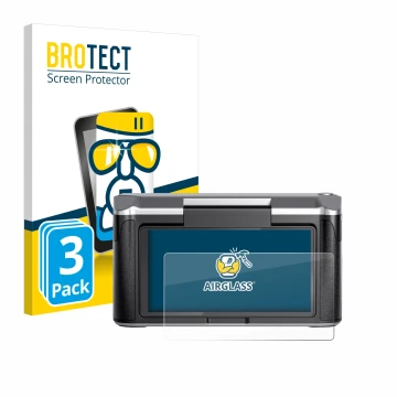 Front side of a product packaging with the brand logo BROTECT. Next to it is the device Revopoint Miraco shown with the corres