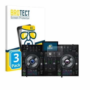 Front side of a product packaging with the brand logo BROTECT. Next to it is the device Denon DJ Prime 2 shown with the corres