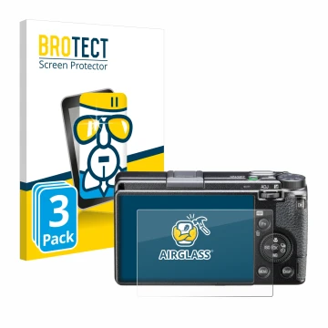 Front side of a product packaging with the brand logo BROTECT. Next to it is the device Ricoh GR III HDF shown with the corres