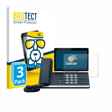 Front side of a product packaging with the brand logo BROTECT. Next to it is the device Yealink SIP-T57W shown with the corres
