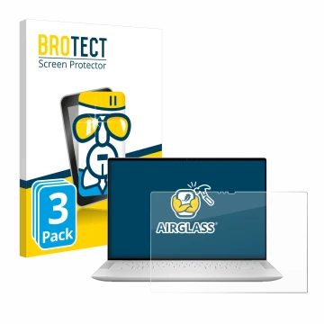 Front side of a product packaging with the brand logo BROTECT. Next to it is the device Dell XPS 14 9440 Touch shown with the 