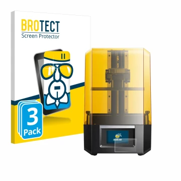 Front side of a product packaging with the brand logo BROTECT. Next to it is the device Anycubic Photon Mono M5s shown with th