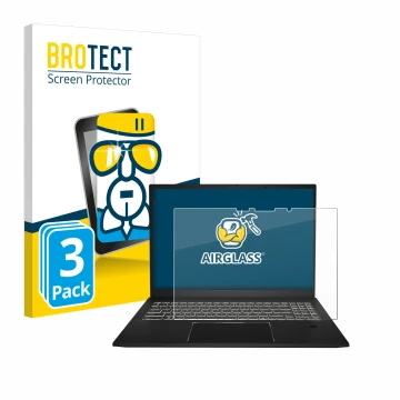 Front side of a product packaging with the brand logo BROTECT. Next to it is the device MSI Summit E16 AI Studio shown with th