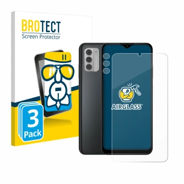 Front side of a product packaging with the brand logo BROTECT. Next to it is the device Nokia G42 5G (Front+Camera) shown with