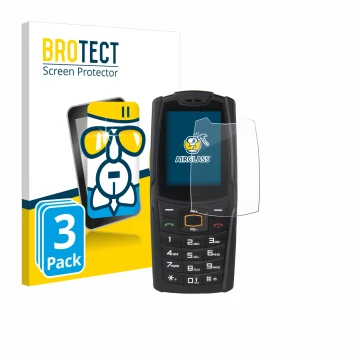 Front side of a product packaging with the brand logo BROTECT. Next to it is the device AGM M6 shown with the corresponding sc