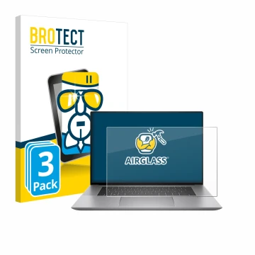 Front side of a product packaging with the brand logo BROTECT. Next to it is the device HP Zbook Studio 16 G10 shown with the 