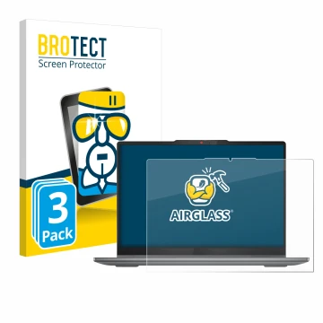 Front side of a product packaging with the brand logo BROTECT. Next to it is the device Lenovo IdeaPad 5 2-in-1 14AHP9 shown w