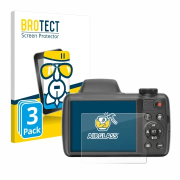 Front side of a product packaging with the brand logo BROTECT. Next to it is the device Kodak Pixpro AZ528 shown with the corr