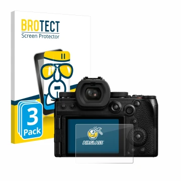 Front side of a product packaging with the brand logo BROTECT. Next to it is the device Panasonic Lumix DC-S5II shown with the