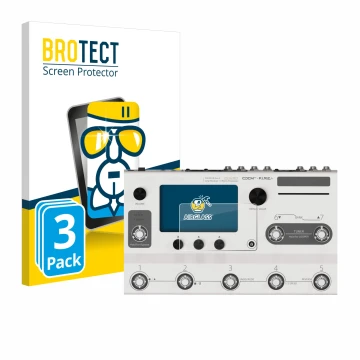 Front side of a product packaging with the brand logo BROTECT. Next to it is the device Hotone Ampero II Stage shown with the 