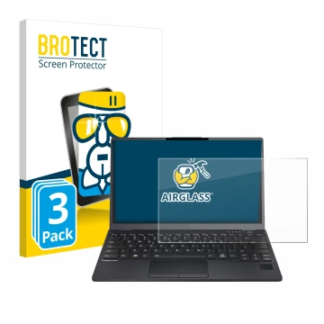 Front side of a product packaging with the brand logo BROTECT. Next to it is the device Fujitsu Lifebook U9312 shown with the 