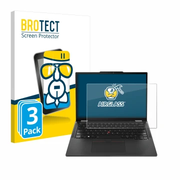 Front side of a product packaging with the brand logo BROTECT. Next to it is the device Lenovo ThinkPad X13 Gen 5 shown with t