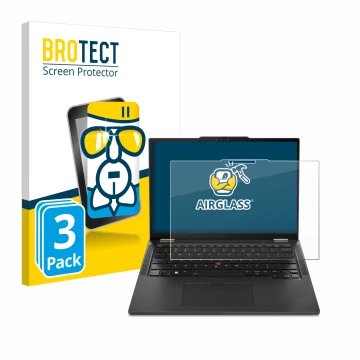 Front side of a product packaging with the brand logo BROTECT. Next to it is the device Lenovo ThinkPad X13 2-in-1 Gen 5 shown